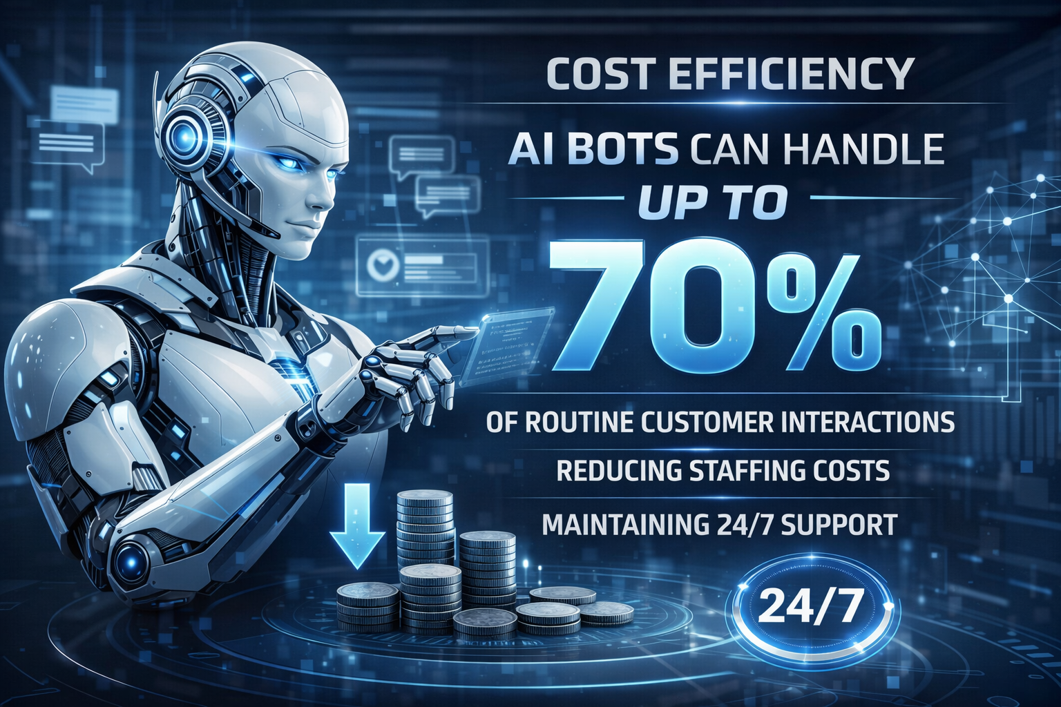A futuristic robot reading a digital device in a tech-themed background with text highlighting AI bots' cost efficiency, capable of handling up to 70% of routine customer interactions, reducing staffing costs, and providing 24/7 support.
