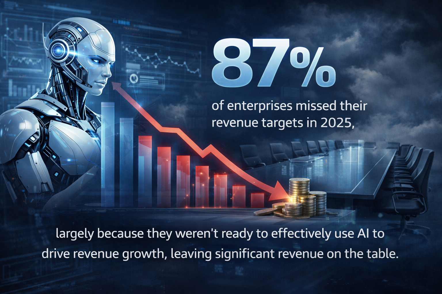 A humanoid robot with a futuristic design sitting at a conference table with a digital graph showing a declining trend. The text overlay states that 87% of enterprises missed their revenue targets in 2025, largely because they weren't ready to effectively use AI to drive revenue growth.