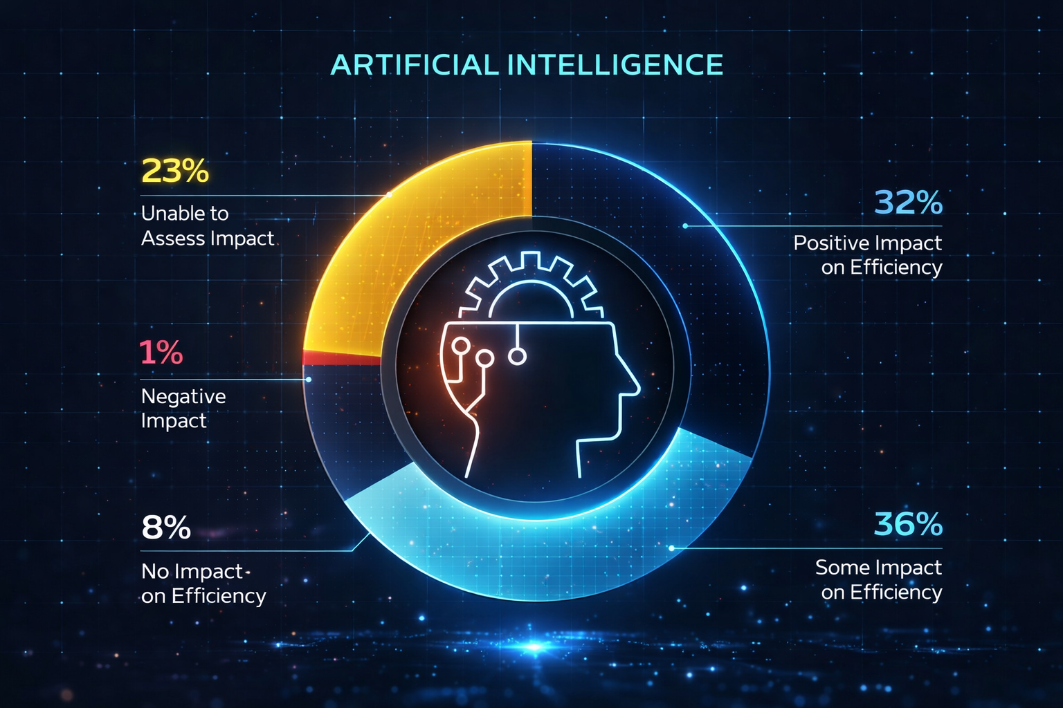 A digital infographic illustrating the impact of artificial intelligence, showing pie chart segments for positive, some, negative, and no impact, with respective percentages.