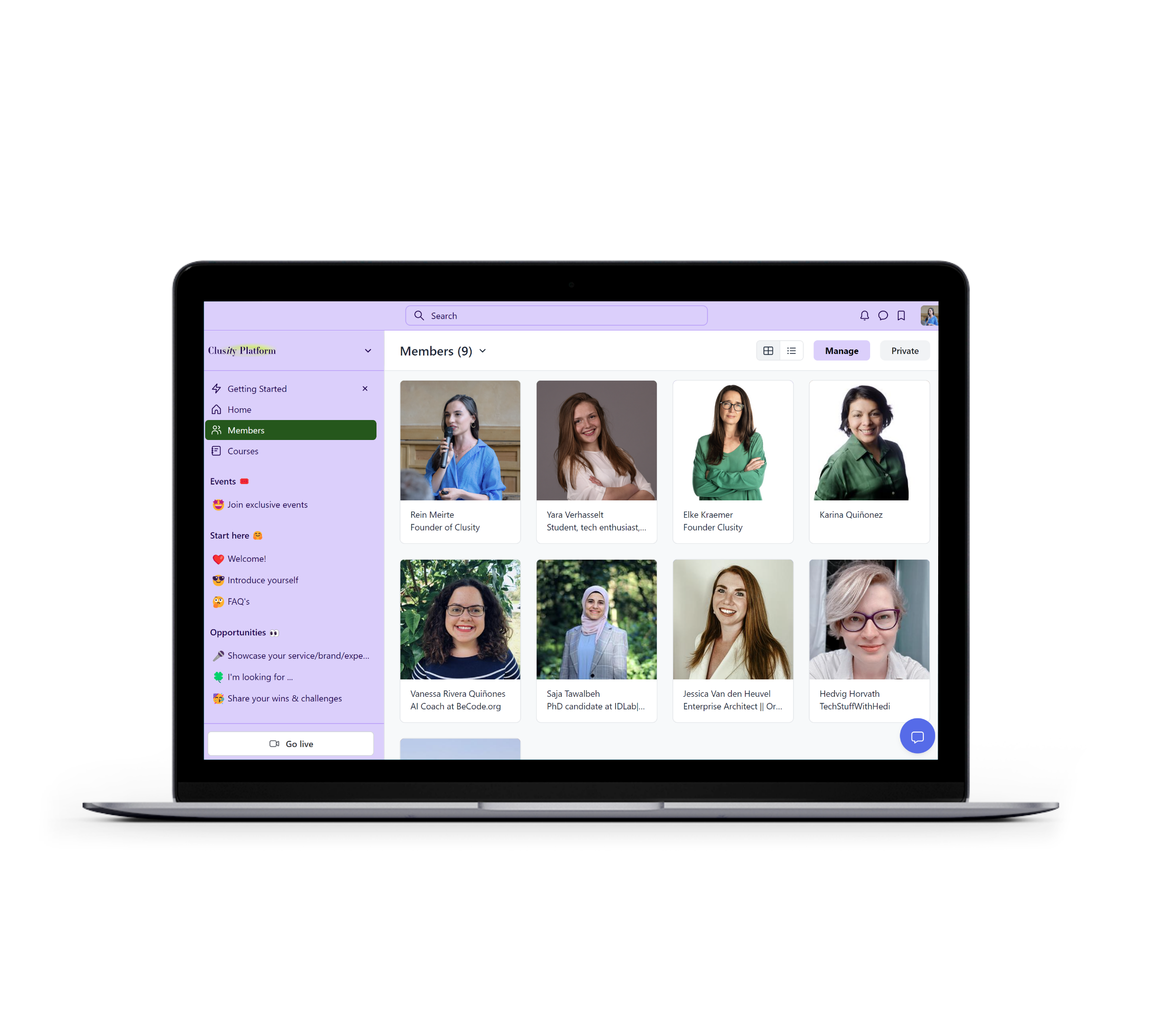 Laptop screen displaying a virtual meeting platform with nine diverse members' profile pictures and names, including Reim Meirte and Karina Quíñonez, with a purple sidebar menu showing navigation options.