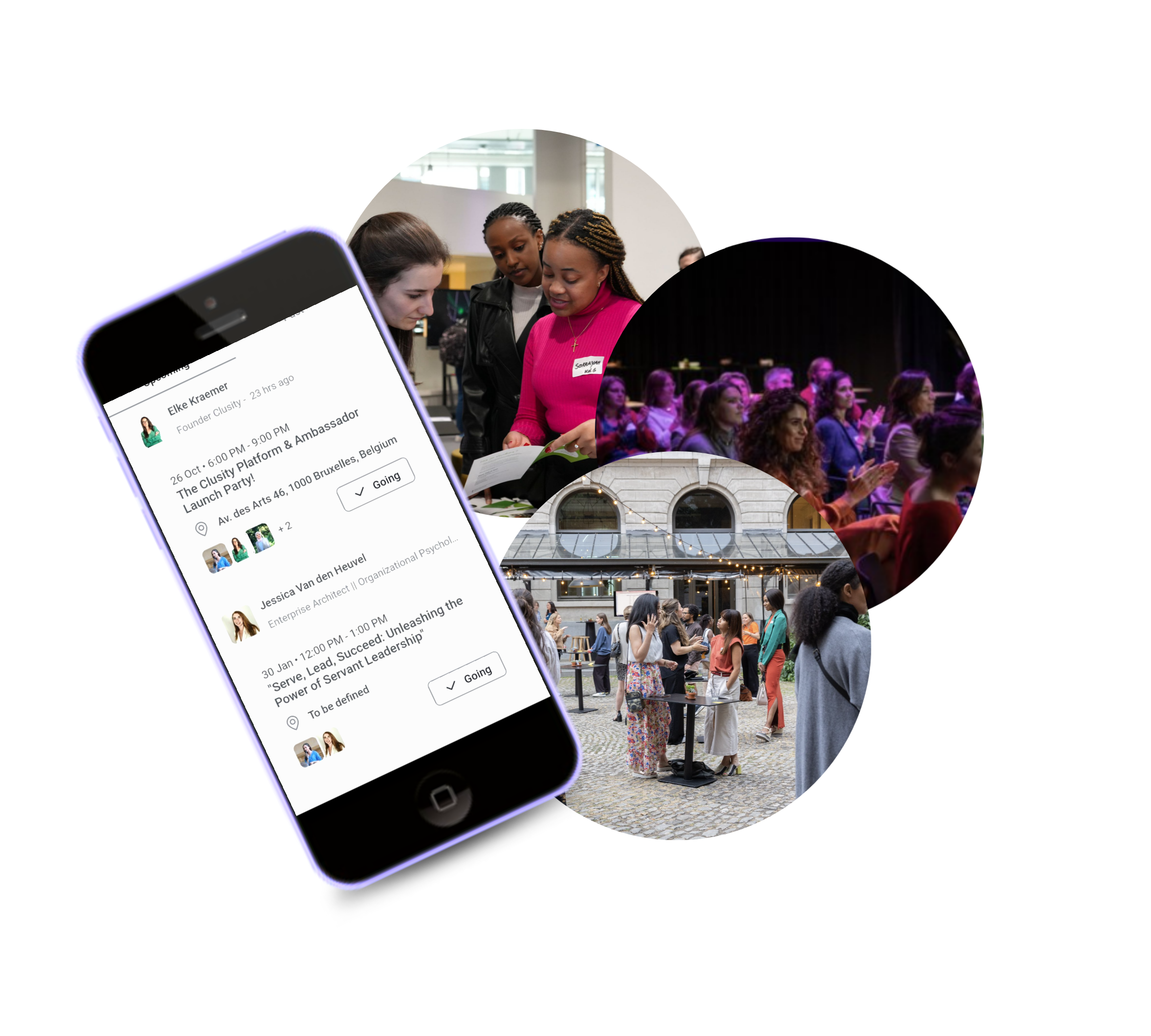 Collage of images showing a mobile phone displaying an event schedule app, a group of women looking at a pamphlet, an audience at a conference, and a social gathering outside a building.