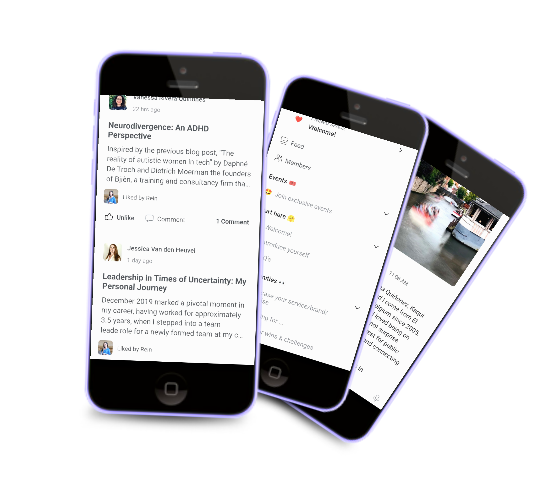Three smartphones displaying social media app screens with content including articles, events, and a profile page, floating against a black background.