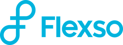 Flexso logo with a stylized blue infinity symbol and the company name in blue text.