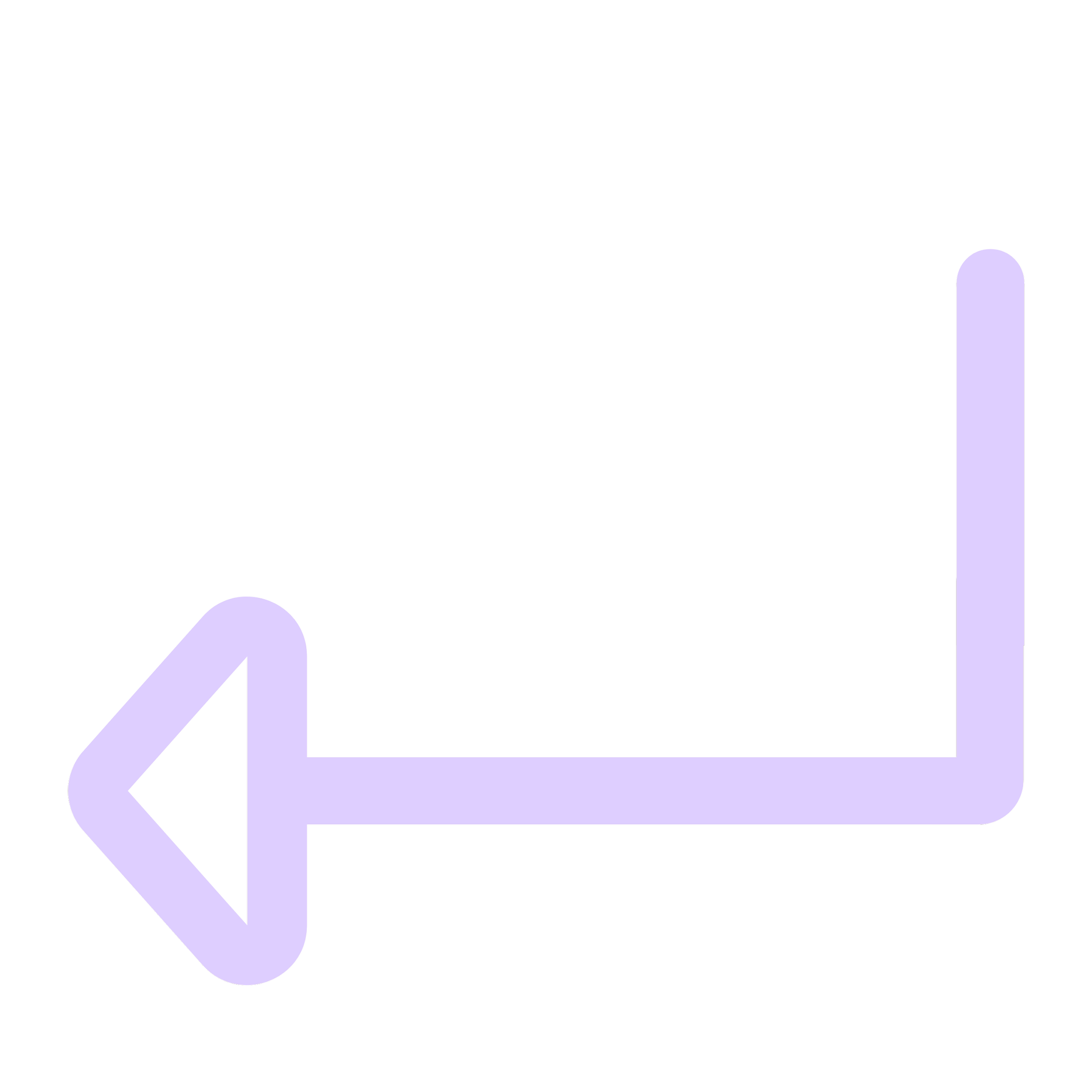 A purple left-pointing arrow icon with a rounded design on a black background.