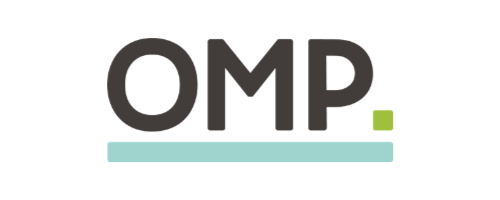 The logo of OMP with the text 'OMP' in large black letters above a light blue horizontal line and a small green dot to the right.