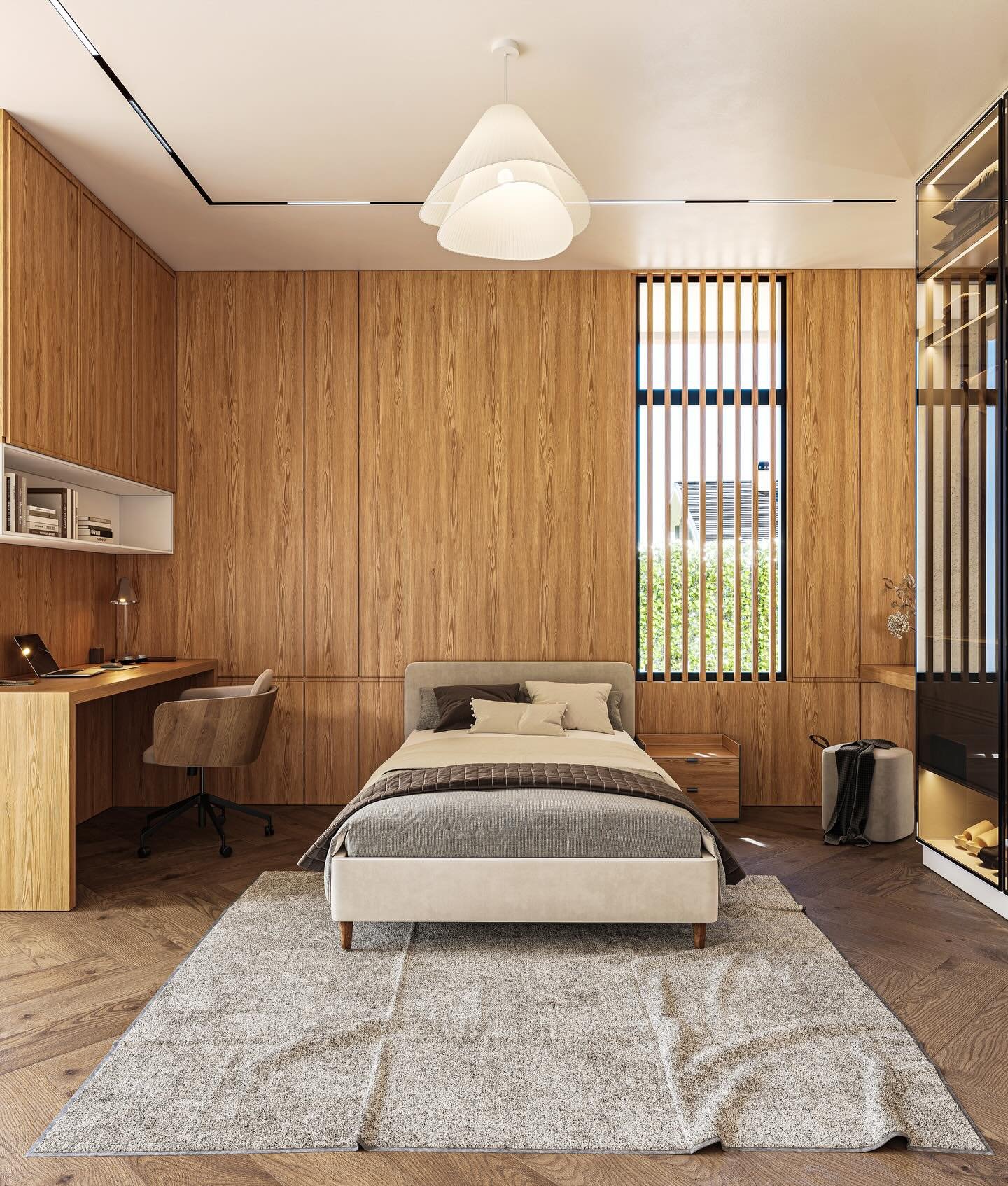 A guest bedroom that doesn&rsquo;t feel like an afterthought.

Full-height white oak paneling wraps the room, with desk millwork built directly into the wall. one continuous gesture instead of furniture placed in a box. The en-suite carries the palet