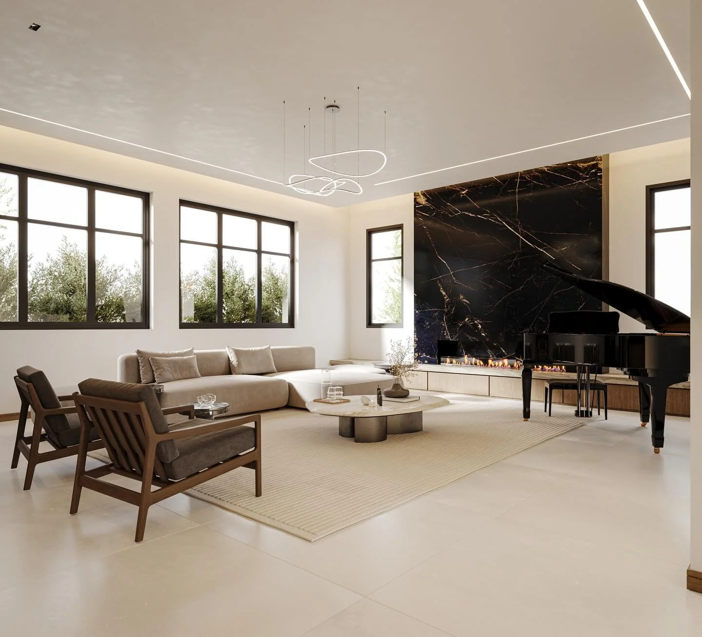 A closer read of this project, because the decisions are worth studying.

At the entry, the fragmented stone panel does real work: in a palette this smooth, you need one high-texture moment for the eye to register everything else. Texture only reads 