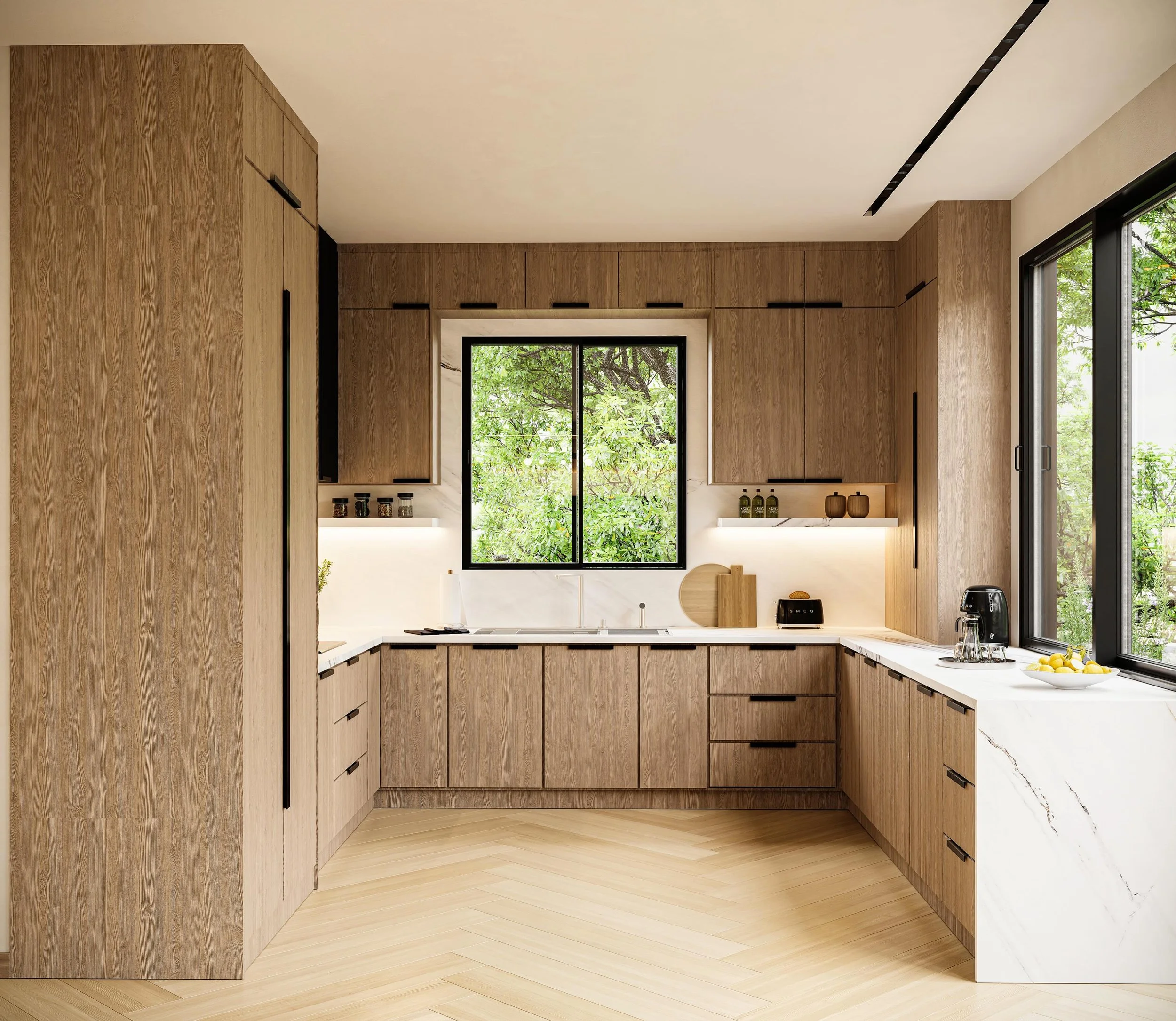 Luxury rental unit design in Los Angeles.
This unit uses warm colors, beautiful flooring and oak wood.
