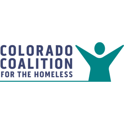 Logo of Colorado Coalition for the Homeless with stylized teal figure and bold text.