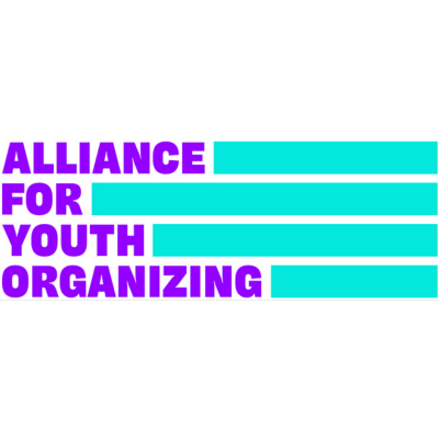 Text-based graphic reading "Alliance for Youth Organizing" with a black background, purple and teal text, and blank teal lines.