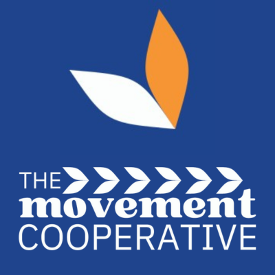 Logo of The Movement Cooperative featuring two stylized leaves, one white and one orange, on a dark blue background with the organization's name.