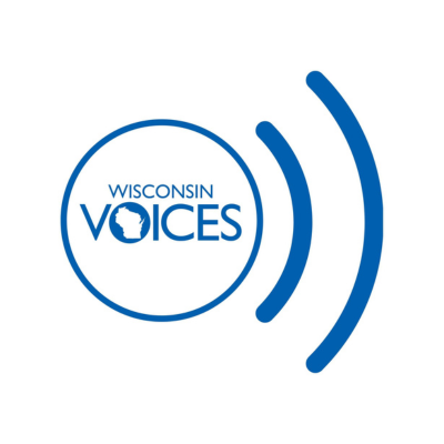 Logo for Wisconsin Voices featuring a stylized sound wave and the text 'Wisconsin Voices' with an outline of the state of Wisconsin.