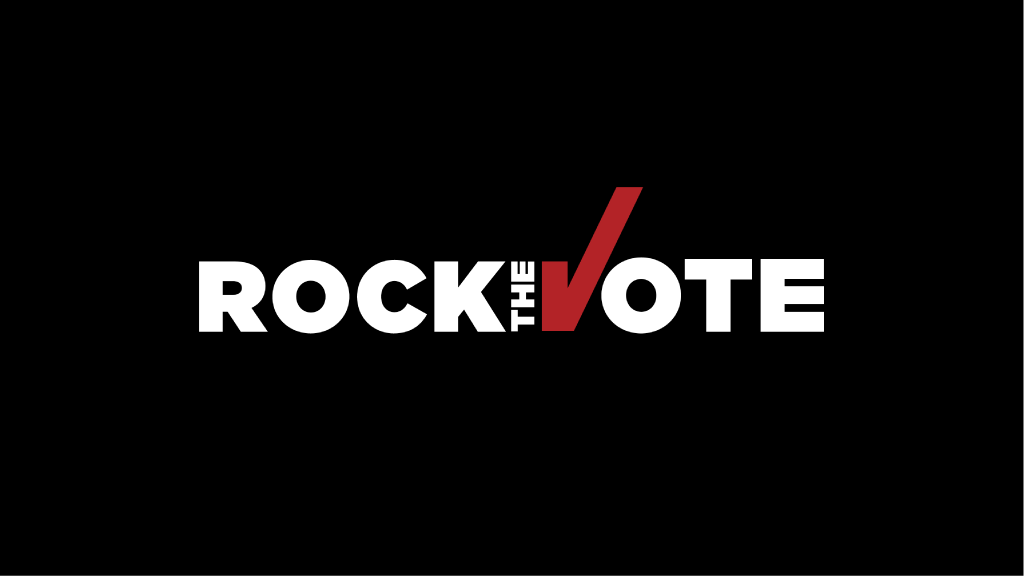 Logo with the words "Rock the Vote," with a red checkmark replacing the letter "V" in "Vote" on a black background.