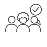 Cartoon illustration of three people with one person having a checkmark above their head.