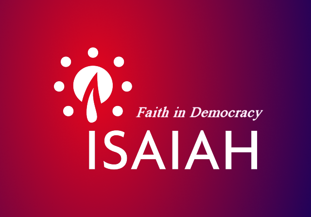 A logo with a stylized figure at the center surrounded by dots on a red to purple gradient background, with the text 'Faith in Democracy ISAIAH'.