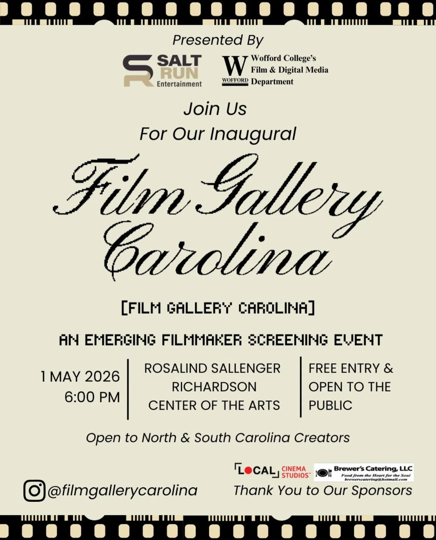 This Friday, come to the Wofford Rosalind Salinger-Richardson Center of the Arts and enjoy a night of short films and networking! Film Gallery Carolina is about offering a public platform for student filmmakers and early-career filmmakers from South 