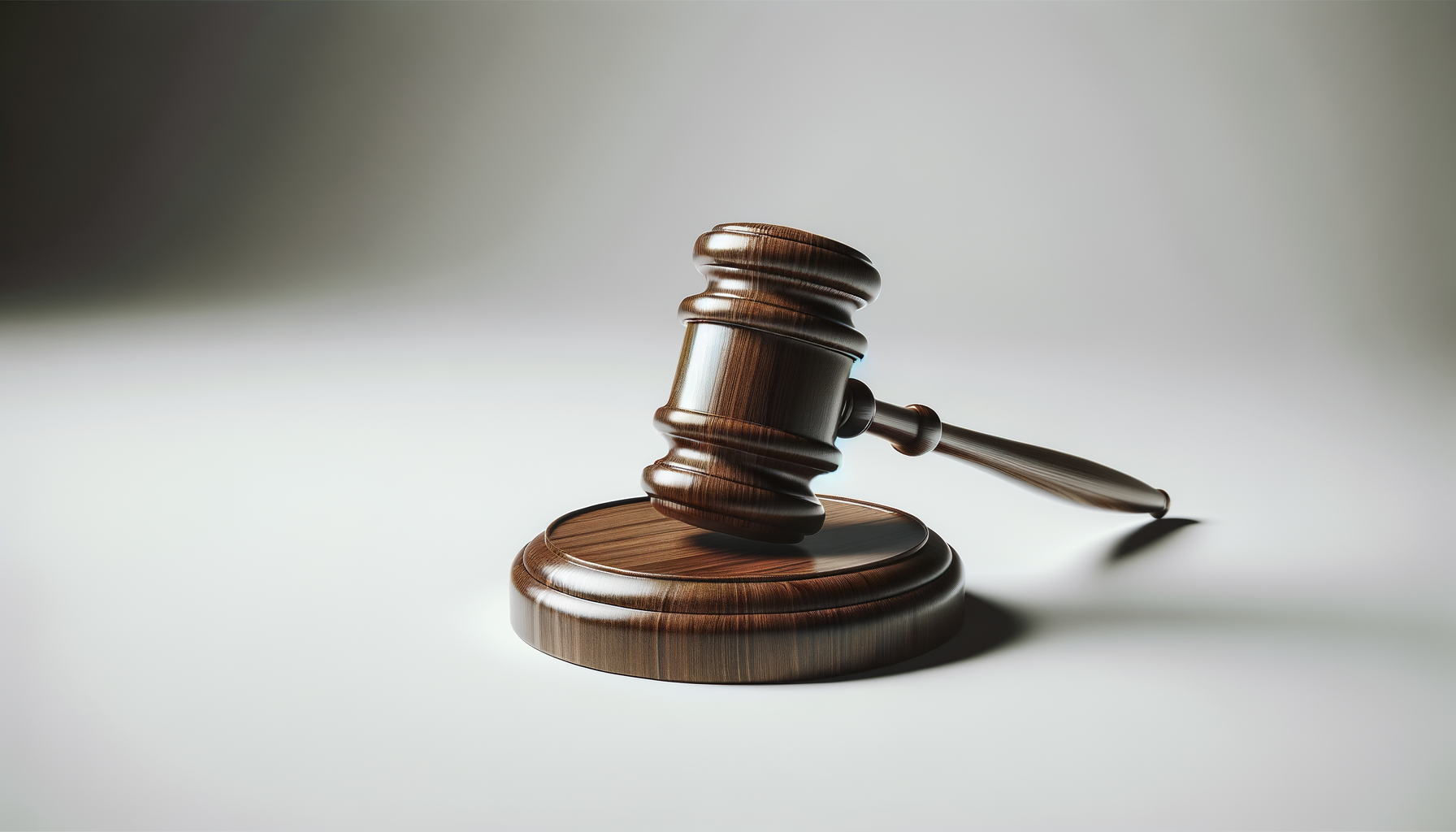 A wooden gavel resting on a sound block with a blurred background.
