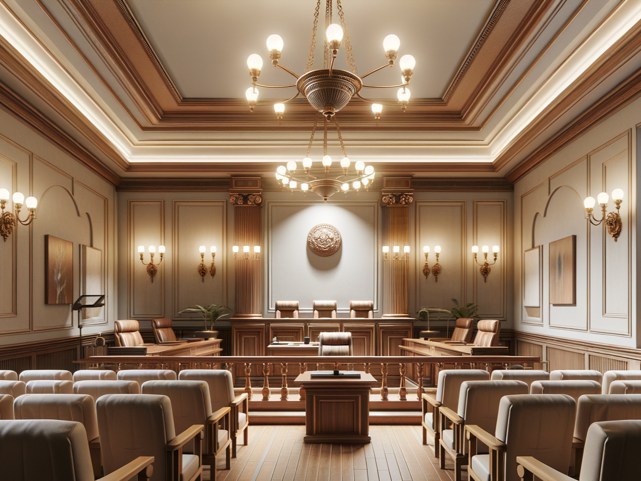 Empty courtroom with wooden furniture, chandeliers, and decorative wall panels.