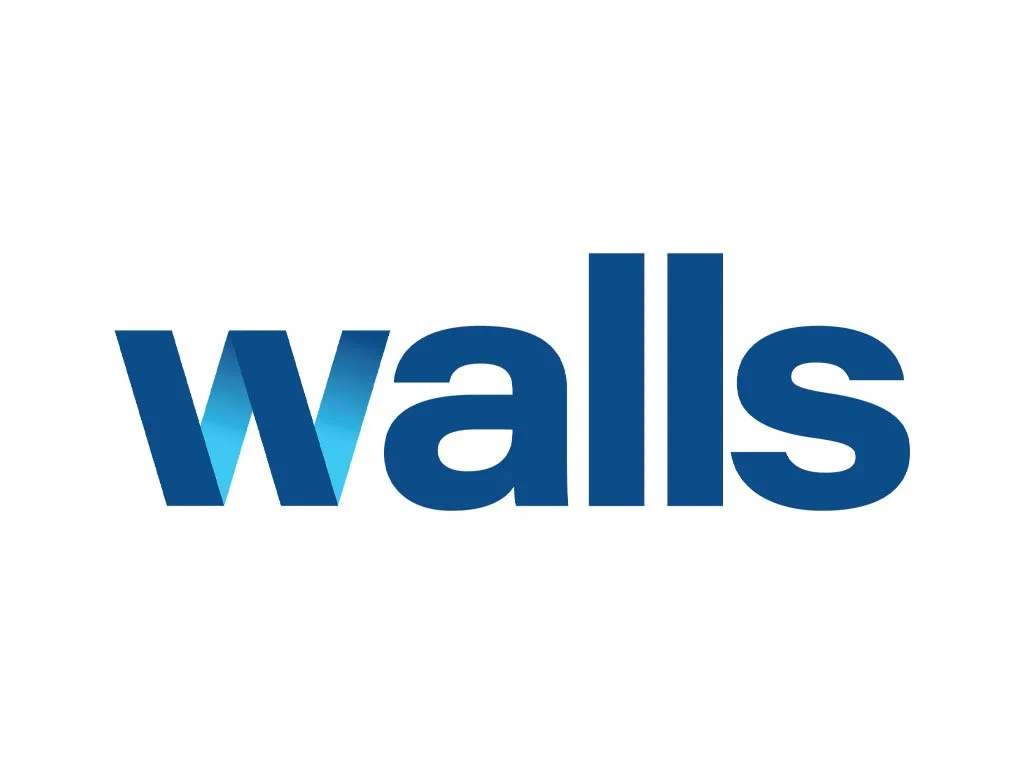 The word 'walls' in bold blue letters on a white background.