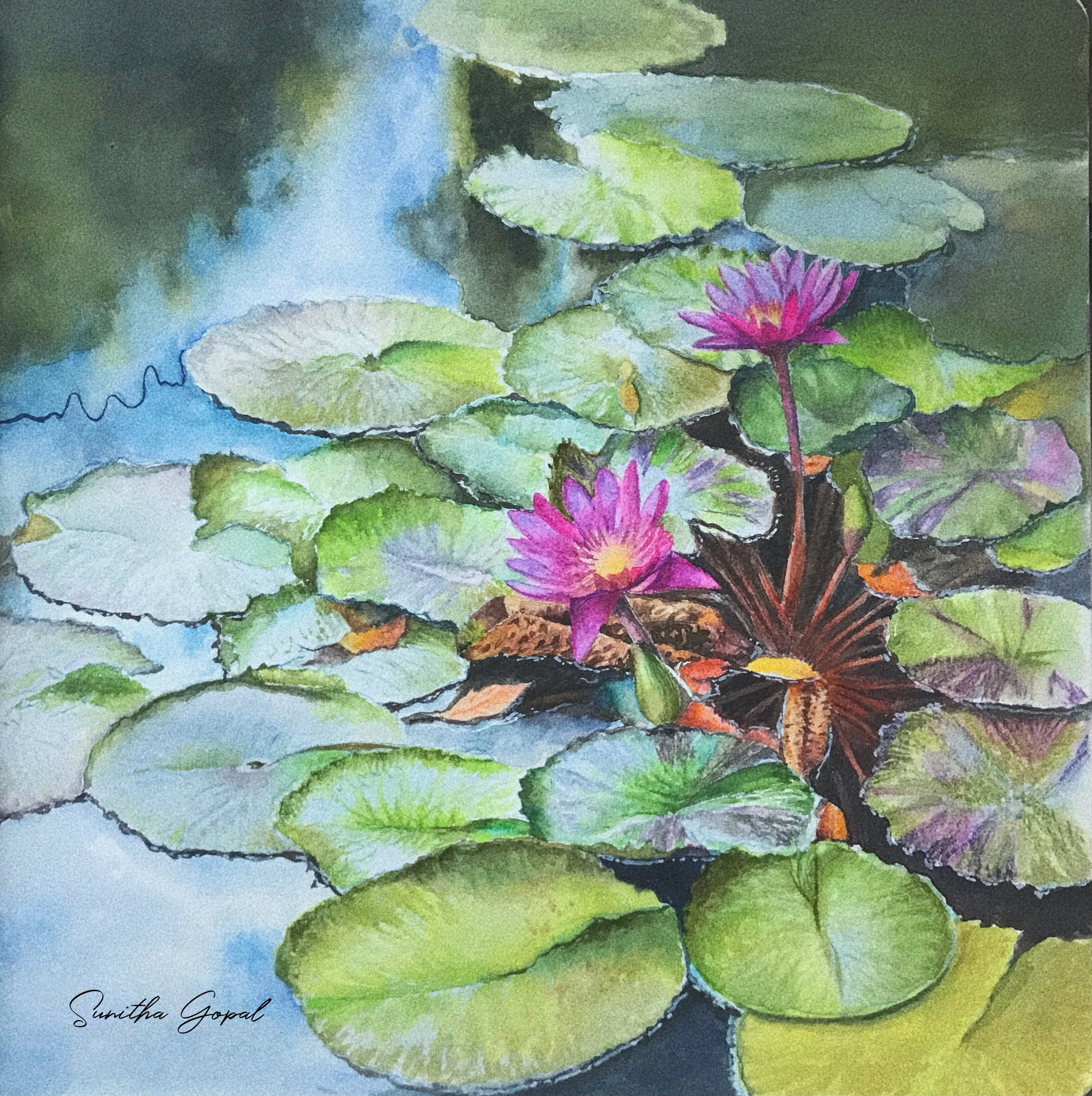 Water Lilies (2023)
Watercolor on paper — 30 × 42 cm
Status: Available