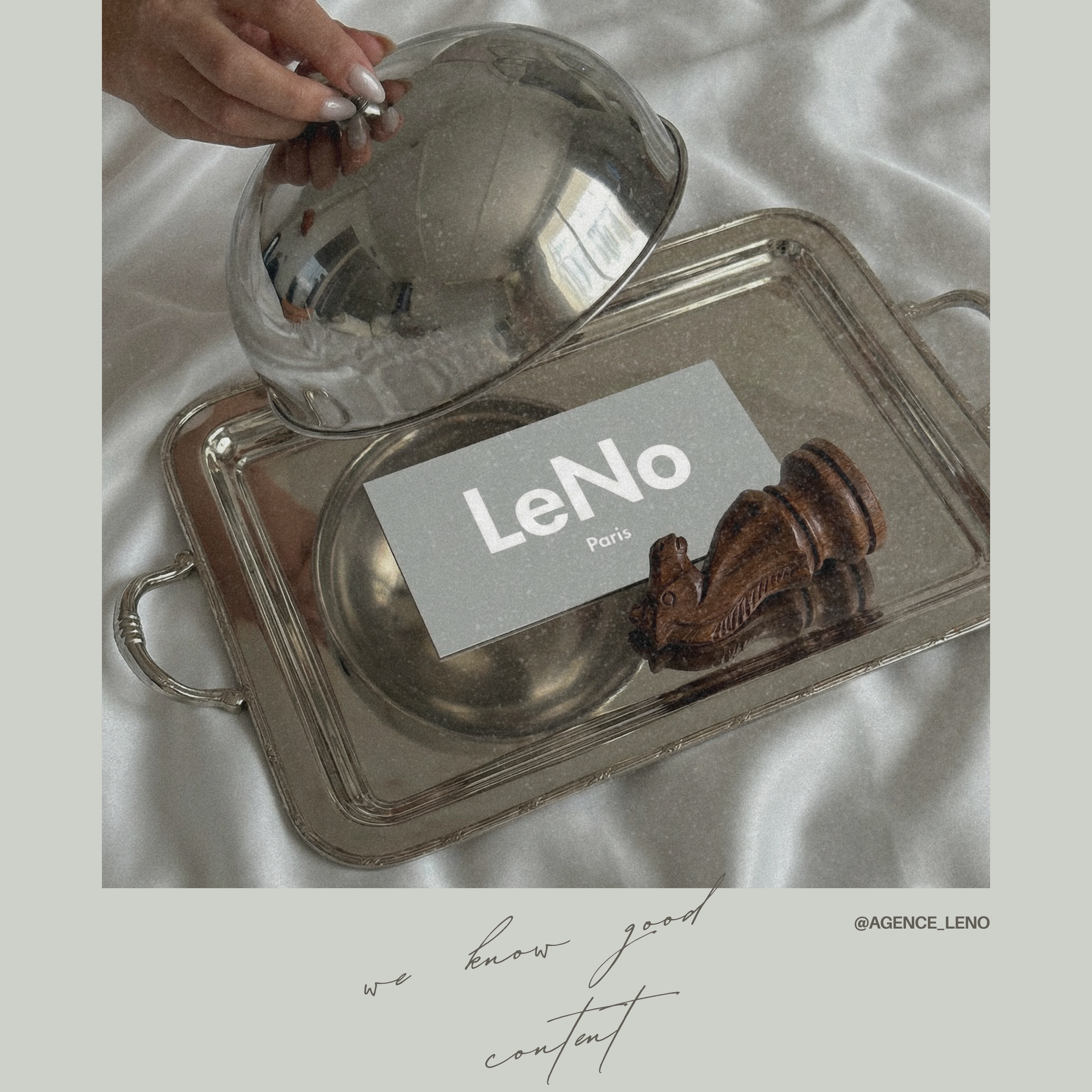 Agence LeNo Paris brand identity image with chess knight and glass cloche, representing strategic marketing thinking, visual systems, and creative direction.