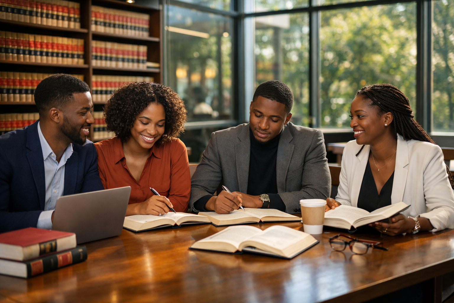Four young adults sitting around a wooden table in a library, studying together with books and a laptop, smiling and engaging in discussion.
