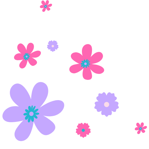 Colorful pink and purple flowers of various sizes on a blank background.