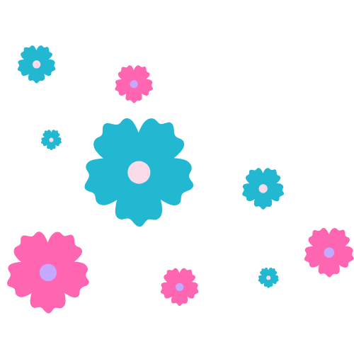 Cartoon of various pink and blue flowers floating around a blank background.