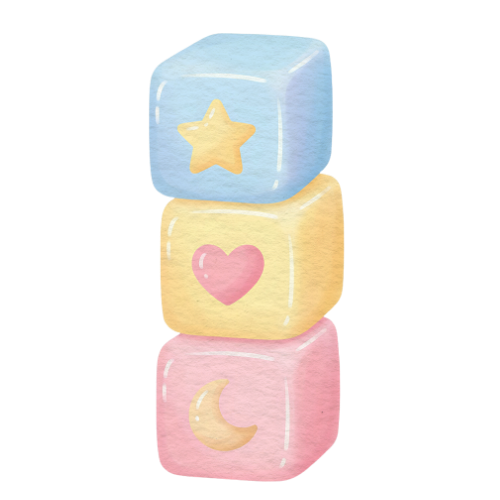 Stacked pastel-colored baby blocks with star, heart, and moon symbols.