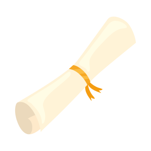 Illustration of a rolled diploma tied with an orange ribbon.