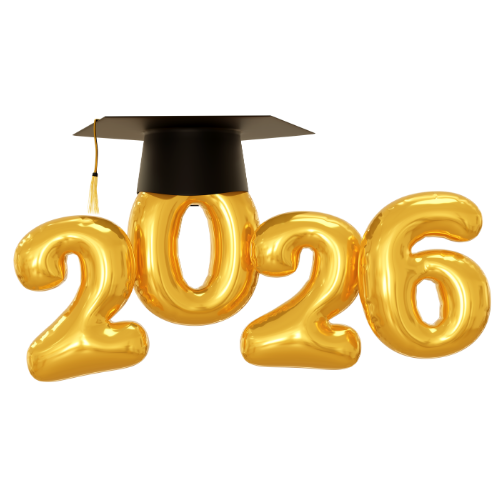 Gold balloons spelling '2026' with a black graduation cap on the number 0.