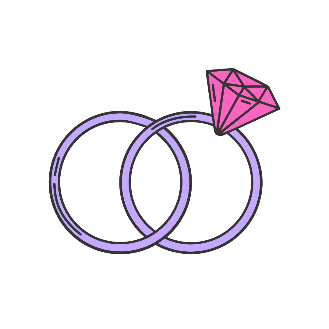 Digital illustration of two purple wedding rings, one with a pink diamond, on a blank background.