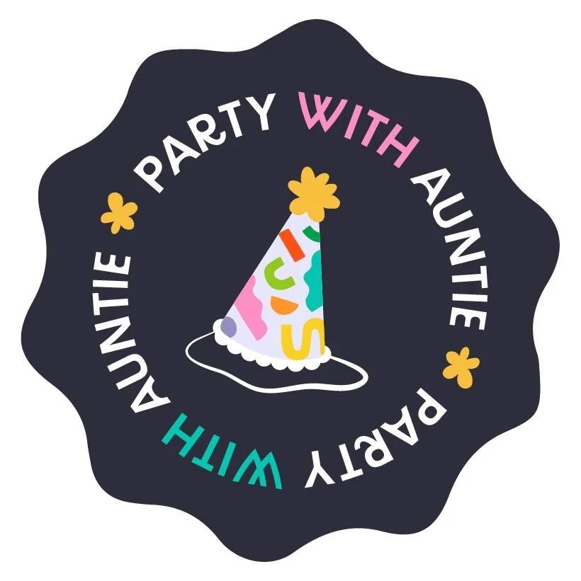 A black badge with colorful text and a party hat graphic. The text reads: 'Party with Auntie' in a circular pattern around the hat.