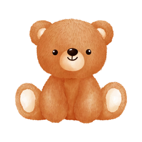 Cute, plush teddy bear with a round face, black eyes, and a small smile, sitting with its legs spread out.