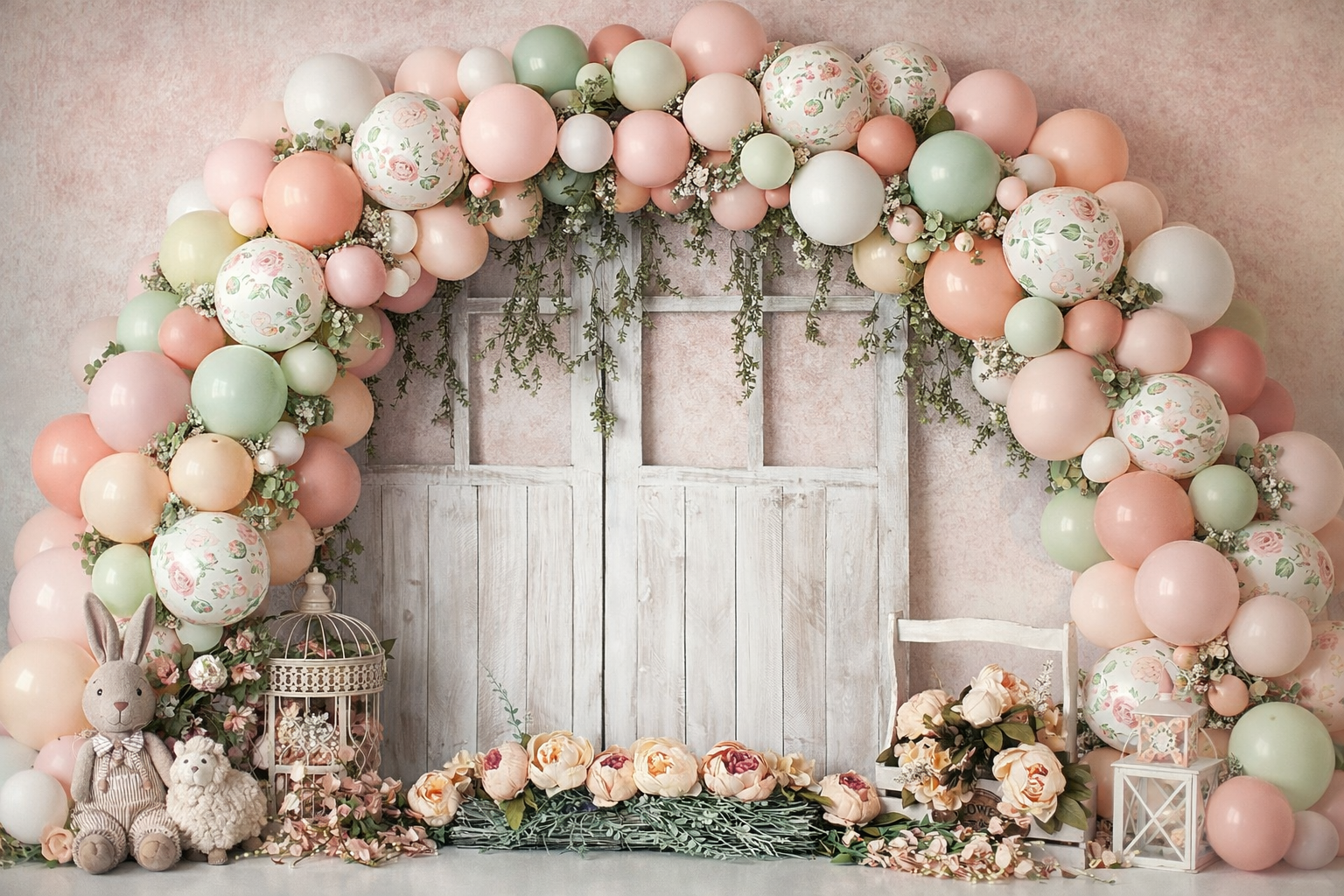 A pastel balloon arch with pink, green, white, and floral-patterned balloons decorating a rustic wooden photo backdrop. There are plush bunny toys, a birdcage, lanterns, and floral decorations at the base, creating a whimsical setting.
