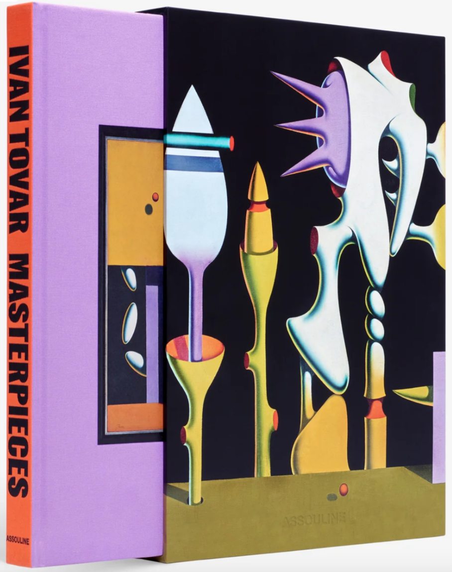Book sleeve with abstract artwork featuring geometric shapes in a mix of pastel and bright colors, revealing a bright purple book cover with an orange spine labeled "Ivan Tovar Masterpieces," with the word "Assouline" at the bottom.