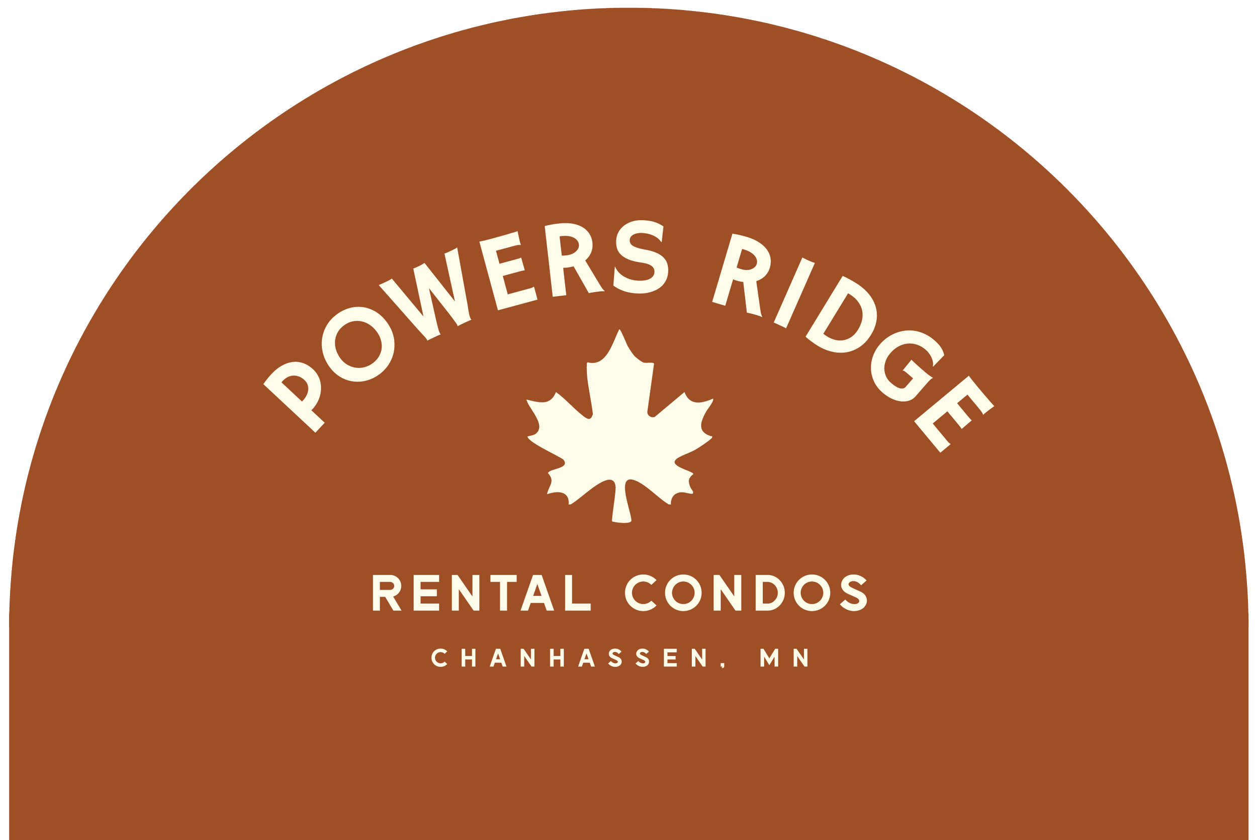 Logo for Powders Ridge Rental Condos in Chanhassen, Minnesota, featuring a white maple leaf in the center with the text 'POWERS RIDGE' above and 'RENTAL CONDOS' below, all set against a brown semi-circular background.