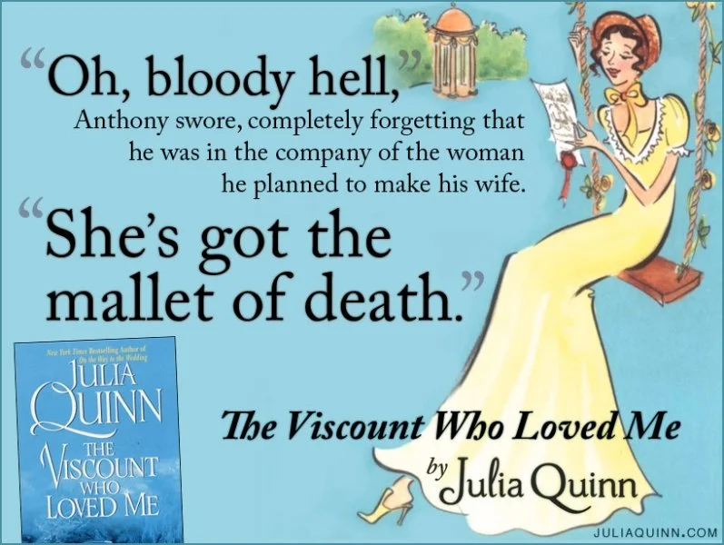 Social media card design for "The Viscount Who Loved Me" by Julia Quinn, featuring a woman in a yellow dress sitting on a swing, reading a letter, with a blue background and a small image of the book at the bottom left.
