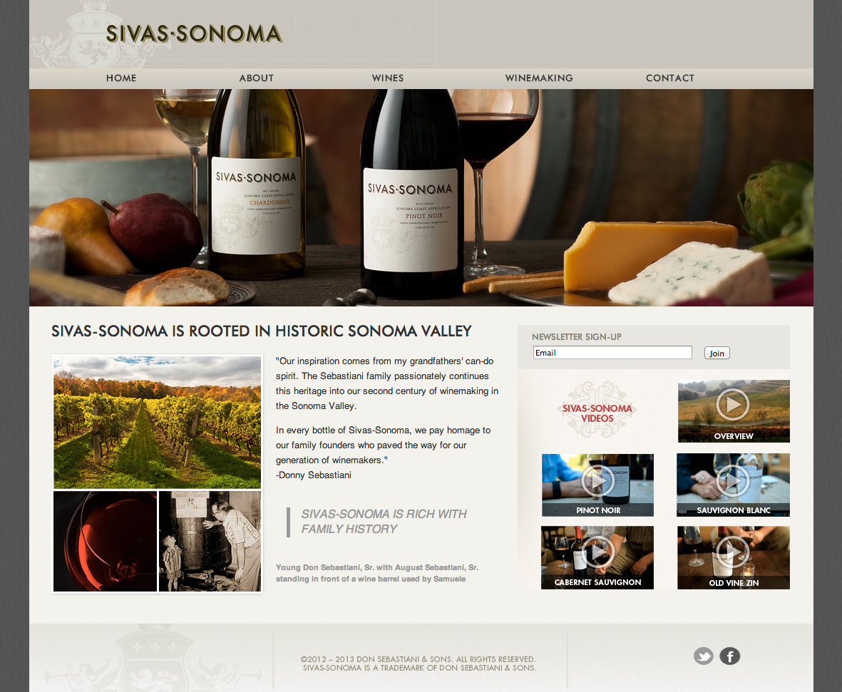 Website homepage for Sivas Sonoma featuring wines, cheese, grapes, and bread with navigation menu and videos.