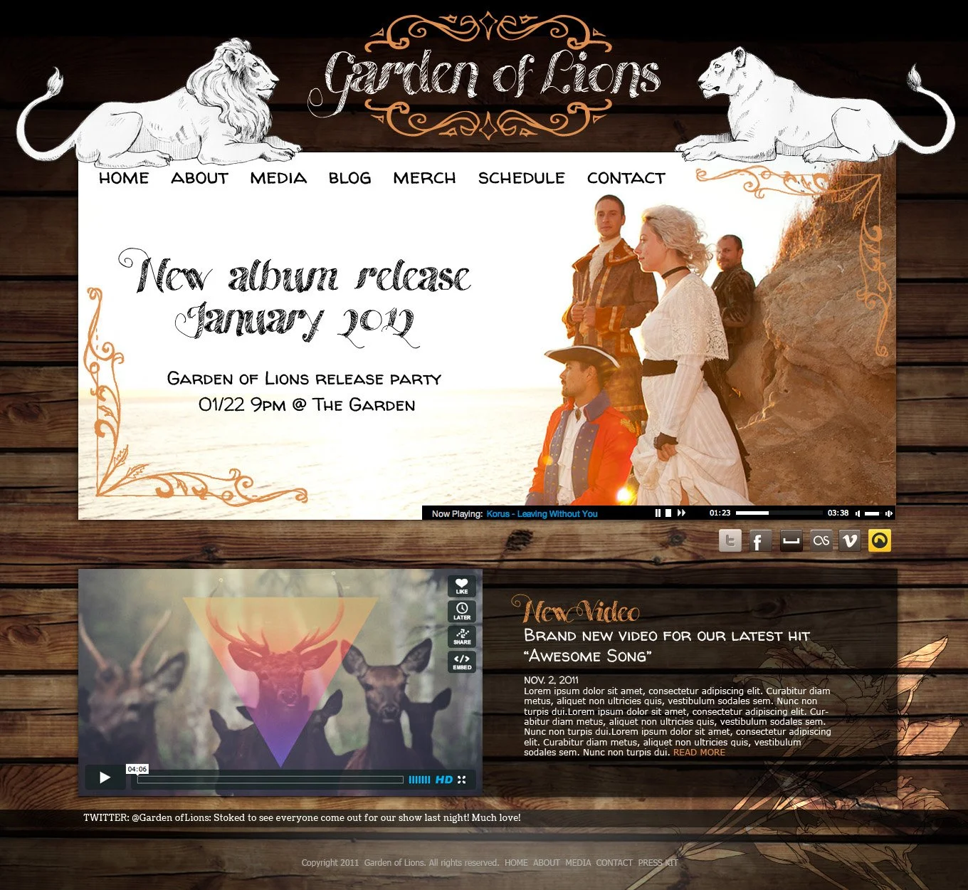 Custom Wordpress design for the band Garden of Lions website featuring a music album release announcement, a promotional video for a new song, and social media links, with a wooden background and illustrations of lions.