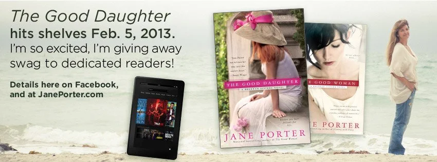 Promotional banner for the book "The Good Daughter" by Jane Porter, showing the book cover, a woman with red hair wearing a hat, and a woman standing on the beach.