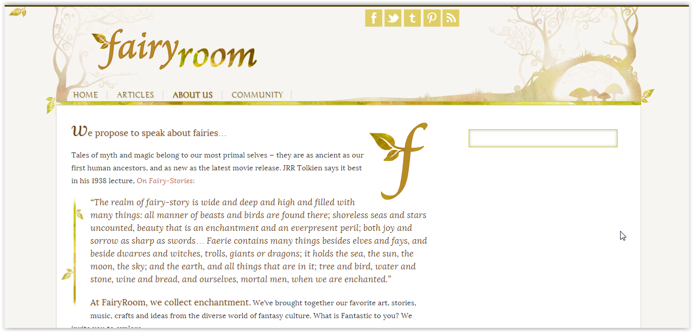 Custom artwork and design for a website titled "Fairyroom" with a nature-themed header, social media icons, and an article about fairies that includes a quote about fairy stories.