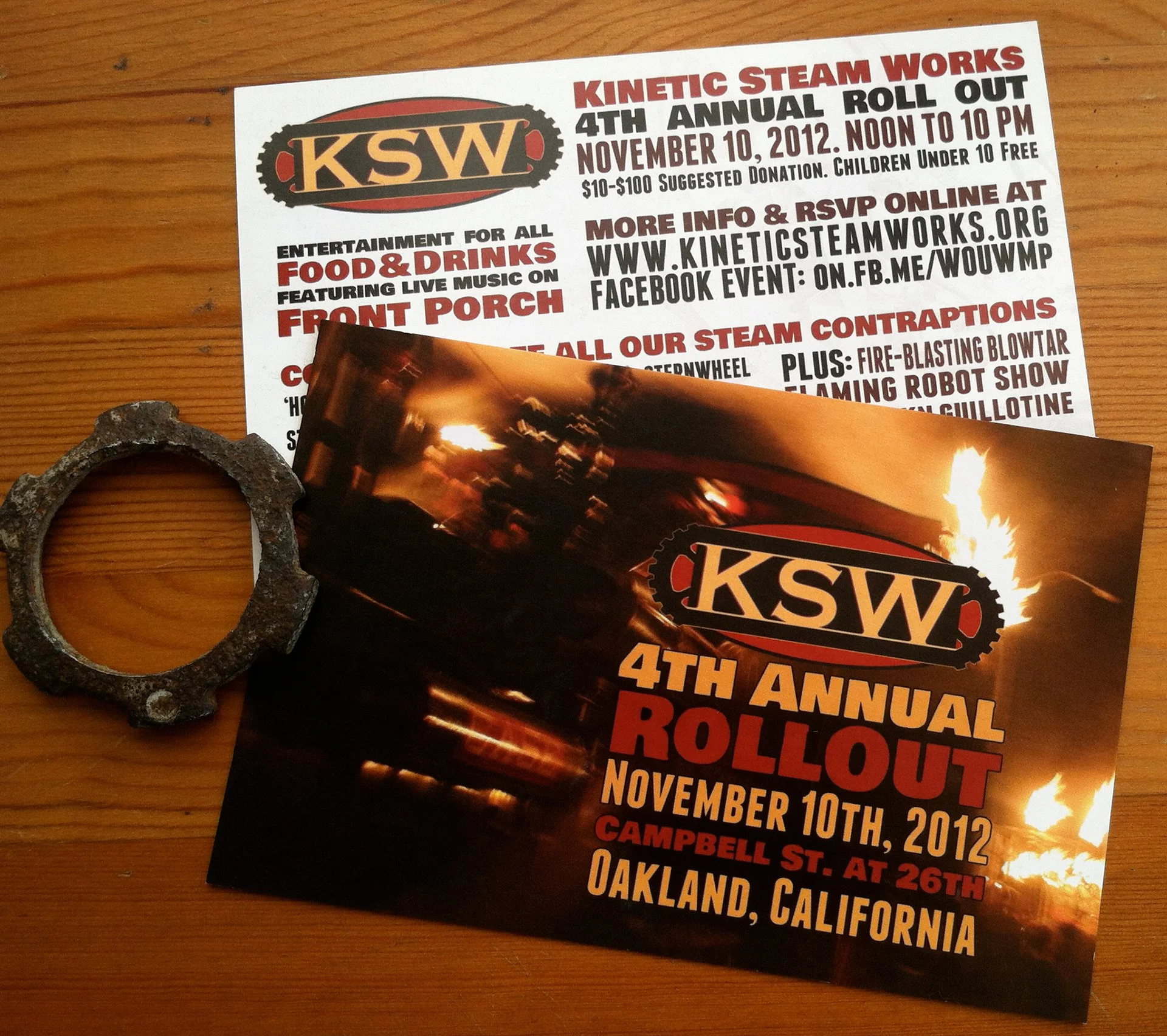 Flyer and postcard for the 4th annual KSW rollout event in Oakland, California on November 10th, 2012, with a metal gear part on a wooden surface.