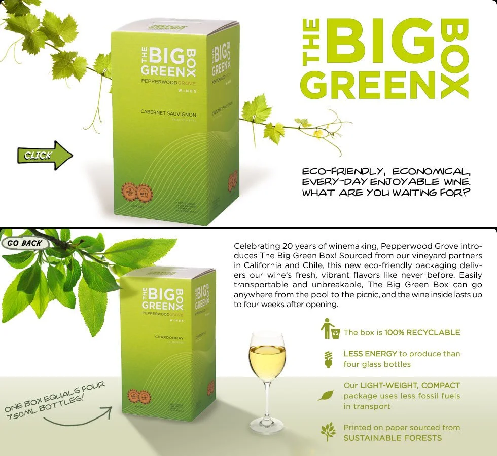 A promotional image for Don & Sons Wine Company. The Big Green Box wine packaging featuring a green box of wine with vines and leaves. The top section highlights the box as eco-friendly, recyclable, and made from sustainable forests. The bottom secti