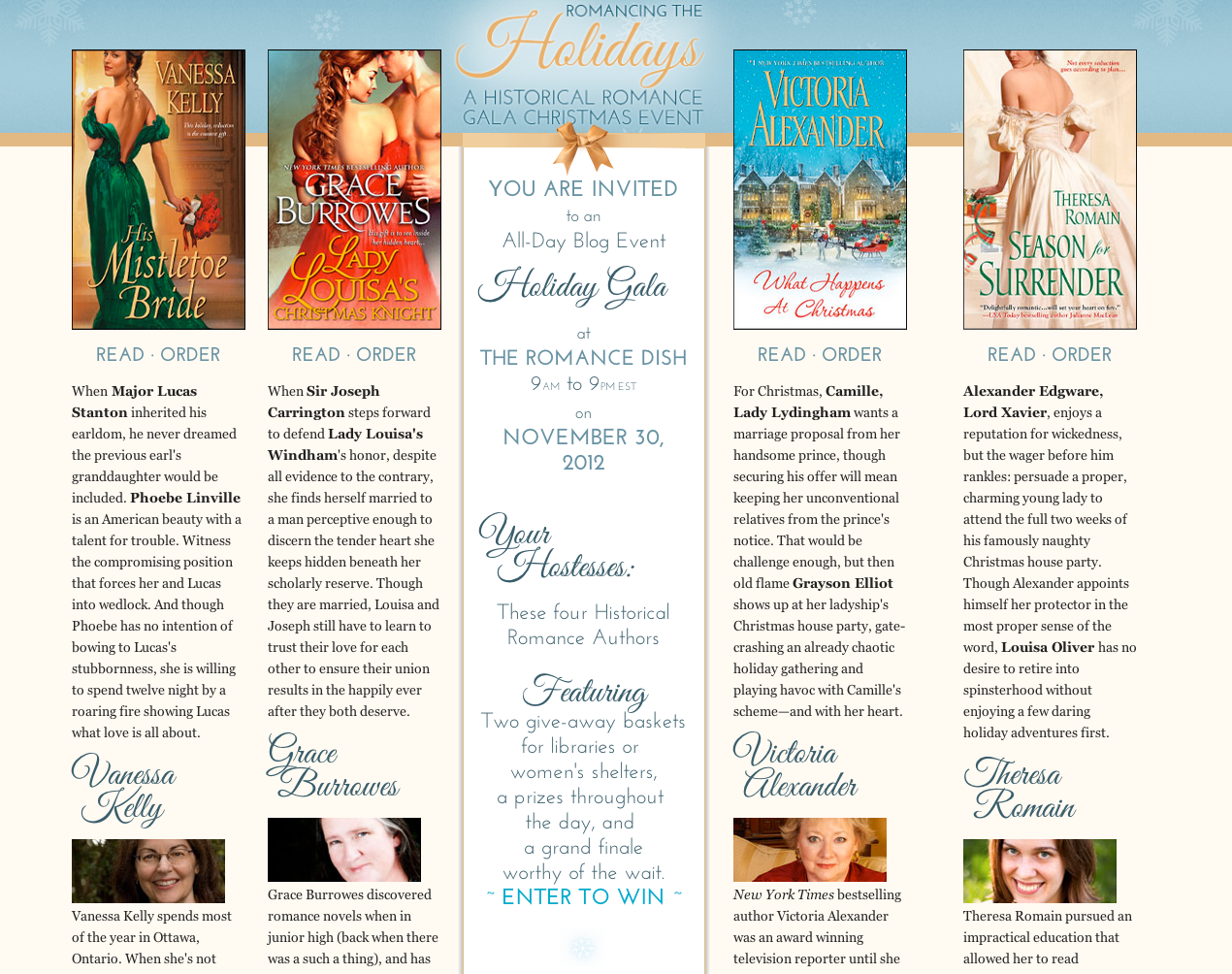 A digital invitation for a holiday-themed book event titled 'Romancing the Holidays,' featuring four historical romance novel covers with authors' summaries and a central section with event details, all against a light blue background with snowflake 