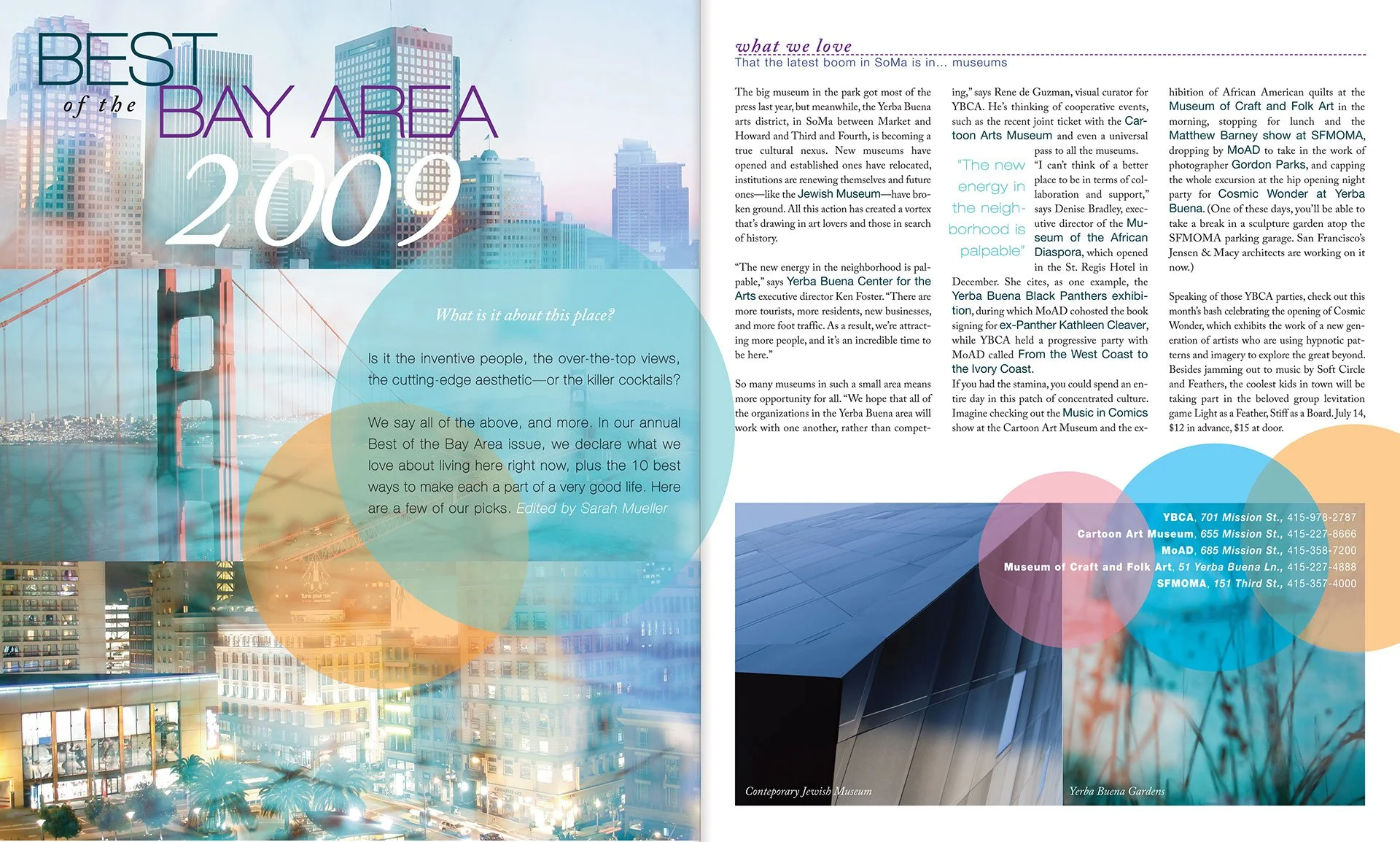 A two-page magazine spread titled "Best of the Bay Area 2009" featuring a city skyline with tall buildings and a bridge, overlapping colored circles, and text about cultural events, museums, and attractions in the San Francisco Bay Area.
