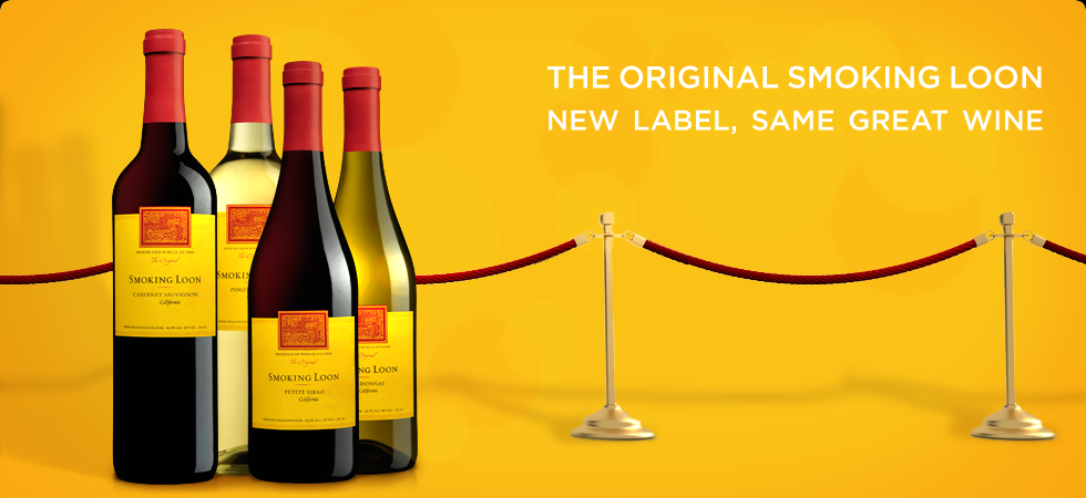 Advertisement banner for Smoking Loon wine with yellow labels and red caps, displayed against a yellow background with a red rope barrier and text promoting the new label.
