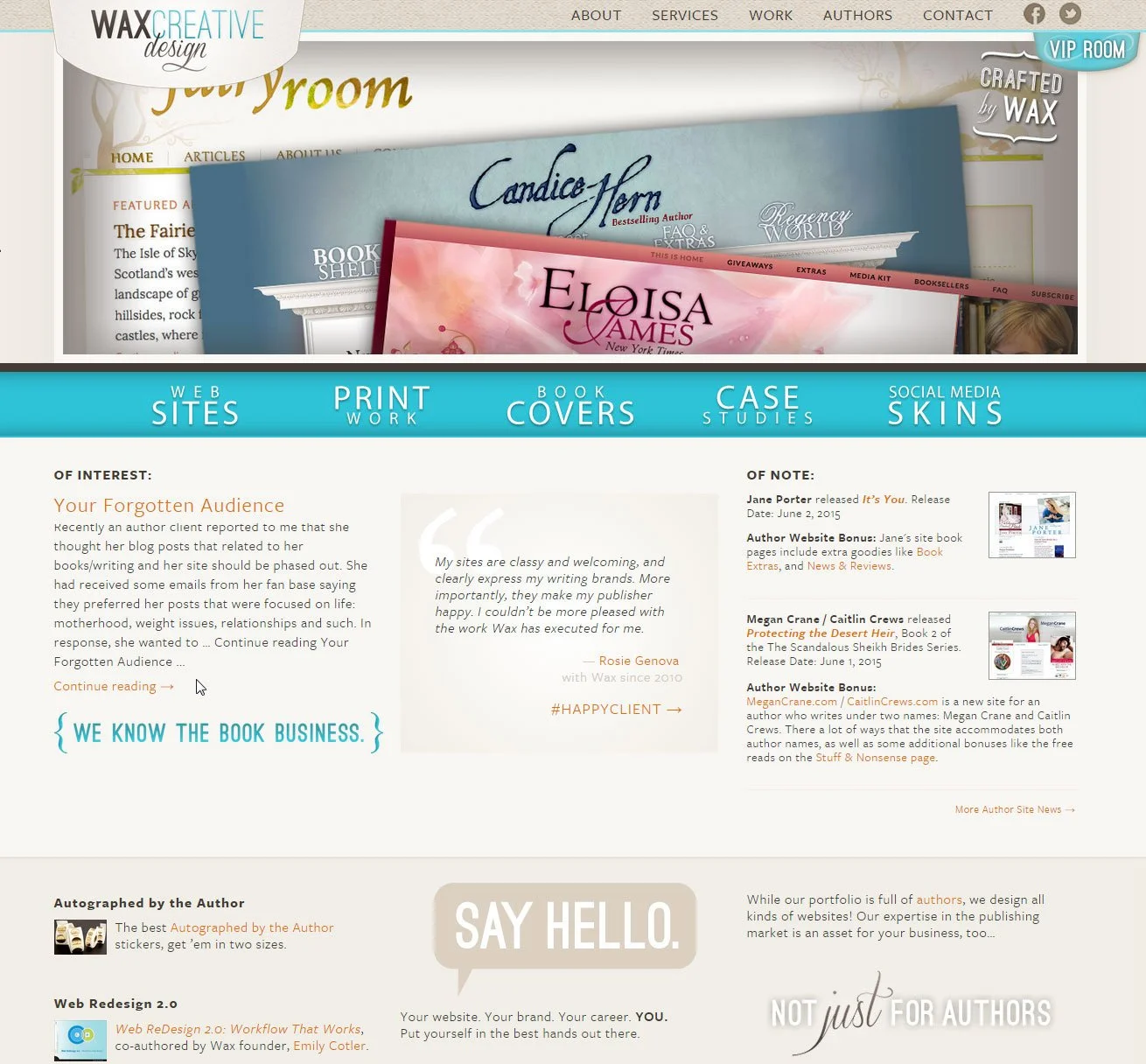 Full custom Wordpress design for Wax Creative Design, featuring colorful overlapping book covers at the top, a navigation menu with options like Web Sites, Print Work, Book Covers, Case Studies, and Social Media Skins, as well as sections with articl