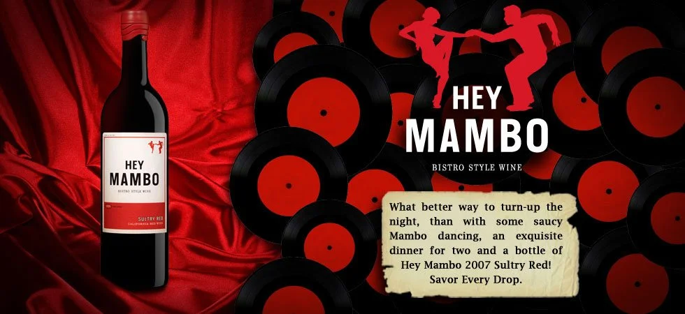 Advertisement banner for Don & Sons Wine Company. Image shows a bottle of Hey Mambo Bistro Style Wine with a red label, placed on red satin fabric. The background features black and red records with silhouettes of dancers. Text promoting the wine, em