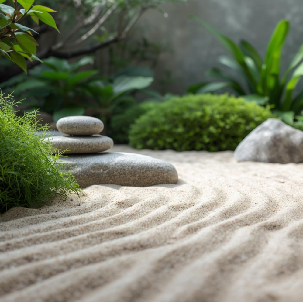 Zen garden with stacked stones, sand, rocks, and lush green plants.